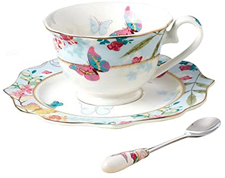 Bone China Coffee Cup and Saucer Set with Spoon, Butterfly Porcelain Tea Cup Ceremic Mugs Coffee Mug Set (B)