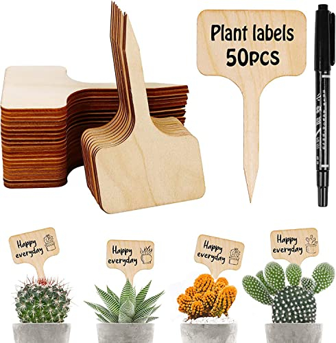 50 Pezzi Etichetta T Tipo Cartellini Orto per Piante da Giardino, Marcatori di Piante Bambù Riutilizzabile per Esterno per Giardini Erbe Vasi Verdure, con Pennarello
