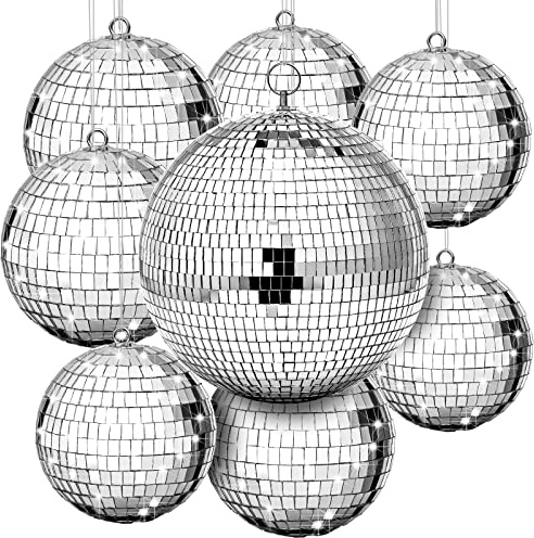 Haull 8 Pcs Large Disco Ball Set Silver Mirror Disco Reflective Ball with Hanging Ring Party Ornament Decoration for Stage Club Ballroom Dance Hall Wedding Prom Props(8'', 6'', 4'')