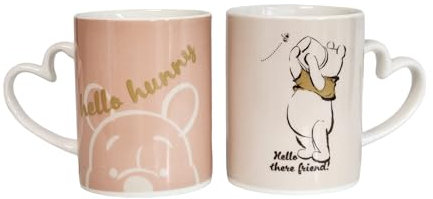 Disney Winnie The Pooh Mug Set of 2-Ceramic Cup-Tea Coffee Lovers-with Heart Handles-Cream and Pink-Couple Gift