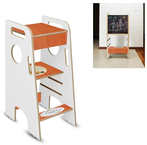 Skyline Steh und Lernturm Baby ab 1 Jahr Montessori Learning Tower Höhenverstellbar Tritthocker Kinder Indoor Möbel Kinderzimmer Trittschemel Kitchen Helper Hochstuhl mit Tafel Board (Weiß/Braun)