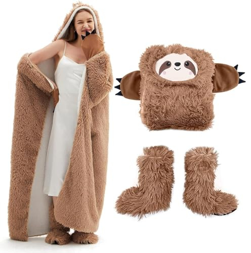 Faultier Decke mit Ärmeln und Hüttenschuhe - Faultier Geschenk für Frauen, Sherpa Fleece Kuscheldecke mit ärmeln, Tragbare Decke zum Anziehen als Weihnachten Geburtstagsgeschenk für Frauen Damen