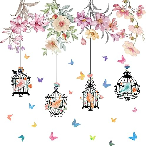 duoyif Wandtattoo Vogel Blumen Wandsticker Vogelkäfig Blumen Schmetterlinge Wandaufkleber Hängende Blumen Vögel Wandsticker Wohnzimmer Kinderzimmer Babyzimmer Schlafzimmer Flur Wanddeko Fensterdeko