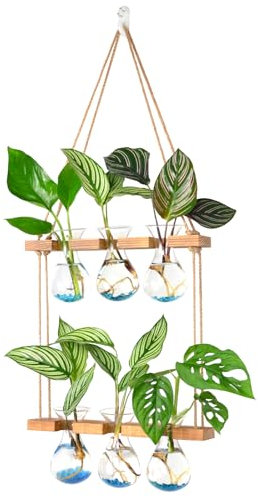 XXXFLOWER Wall Hanging Plant Propagation Station with Wooden Stand 3 Bulb Vase 2 Tiered Glass Planter Stations for Propagating Hydroponic Plant Cuttings Home Garden Wedding Decoration