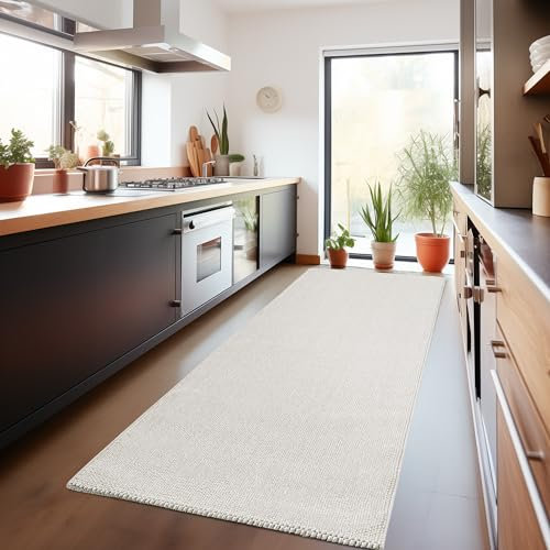 Carpetsale24 Teppich 80x250 cm Creme, Langer Schlingenflor Läufer für Flur oder Küche, Einfarbig & Pflegeleicht, Weich & Modern