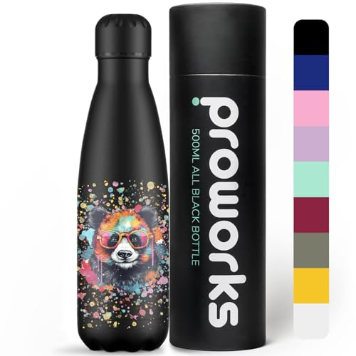 Proworks Trinkflasche aus Edelstahl | 24 Stunden kalt und 12 Stunden heiß – Vakuum-Wasserflasche – Isolierflasche für Sport, Laufen, Radfahren, Yoga und Camping – 500ml – Farbspritzer – Panda