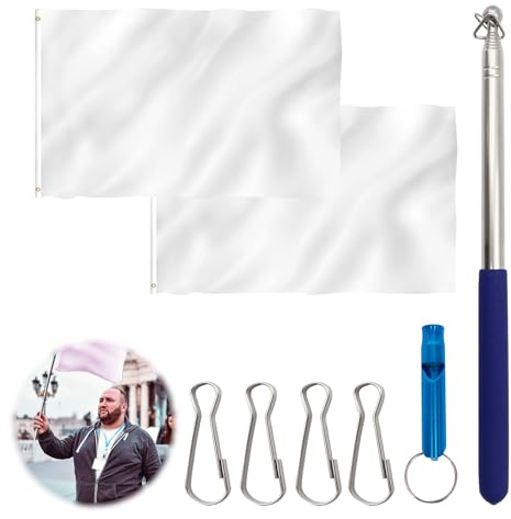2 Pcs Weisse Fahne zum Bemalen Blanko Fahnen zum Selbst Gestalten Großes Weiße Fahnen mit Ösen für Bemalen oder Besprühen 90x150 cm Custom Flag mit 4 Haken 1 Teleskop-Fahnenmast 1 Pfeife