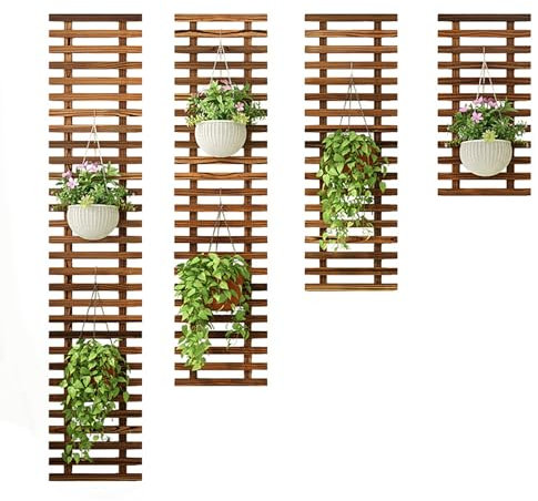 Set di 4 Fioriere da Parete in Legno per Piante da Interno, Supporto per Fioriera da Parete in Reticolo di Legno, Supporti per Piante Ad Aria con Cornice per Esposizione (Carbonized color)