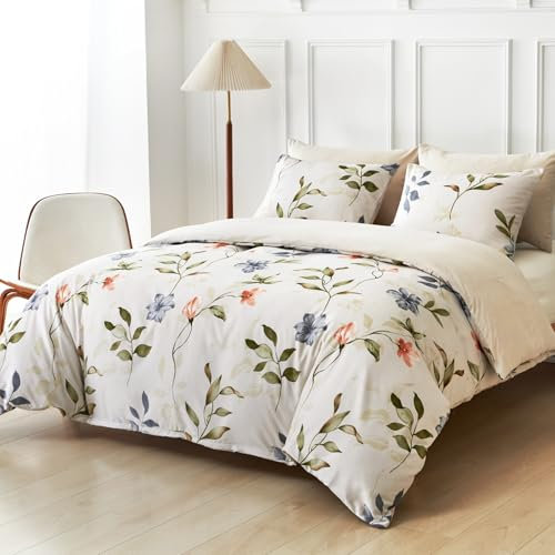 Lekesky Double Duvet Cover Set Floral Bedding Set, Spring Floral Printed White Double Duvet Set (1x Duvet Cover, 2x Pillowcase) Microfiber Double Duvet Cover 200x200 cm, White/Spring Flowers