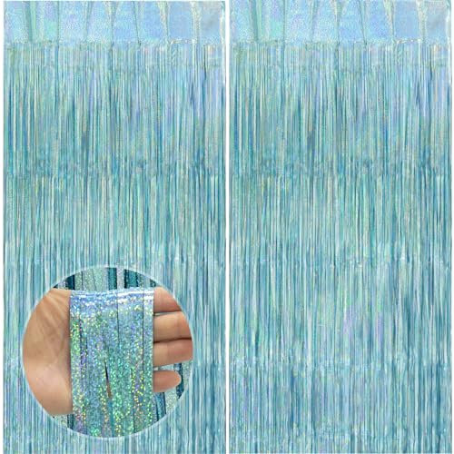 PatiCool Lametta Vorhang Hellblau Glitzer - Verdickte, 1x2.5 M, 2 STK - Luftschlangen Blau, Glitzervorhang Lametta für Geburtstagsdeko, Party Deko