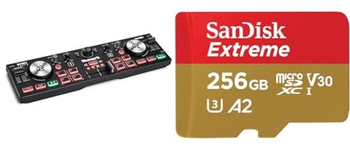 Numark DJ2GO2 Touch – Compact 2 Deck USB DJ Controller with Mixer/Crossfader & SanDisk 256GB Extreme microSDXC card + SD adapter + RescuePRO Deluxe, up to 190MB/s