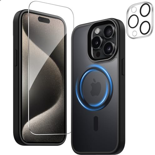GOZOPO 3 in 1 Magnetic for iPhone 15 Pro Case [6.1 inch], Fit for MagSafe, with 1 HD Screen Protector, 14FT Military Shockproof Translucent Matte Back Slim Phone Cover Black