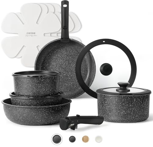 CAROTE 15pcs Non Stick Pots and Pans Set, Cookware Set, Oven/Dishwasher/Fridge Safe, Space Saving, Nonstick with Detachable Handle, Induction RV Set, Black