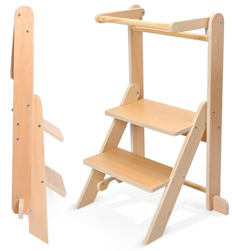 Faltbarer Lernturm, 1 bis 3 Jahre Beobachtungsturm für Kinder Montessori Learning Küchenhilfe aus Naturholz (Kapazität 50 kg)