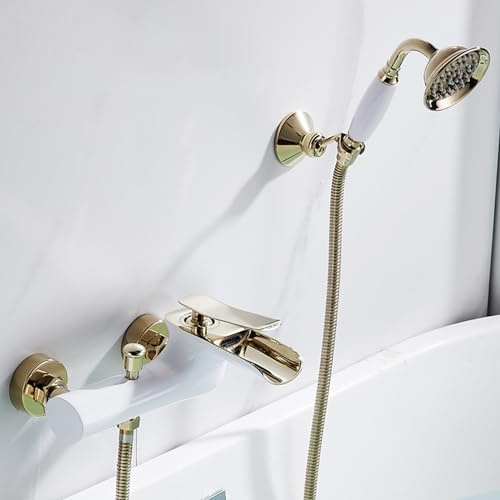 Generisch Badewanne Armatur Duscharmatur Wandmontage Weiß+Gold Wasserfall Badewannenarmatur mit Handbrause und Brauseschlauch