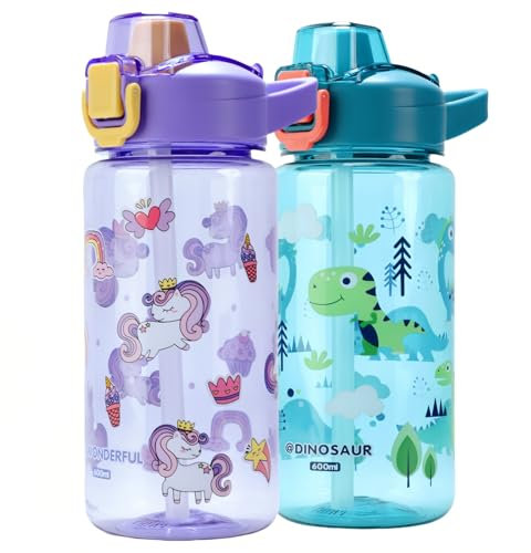 MHwan Kids Water Bottles, 600ml Robust and Durable Unicorn kids Water Bottles leakproof, BPA-Free, Cute and Portable girls Toddler Water Bottle with Straw, Suitable for School and Travel