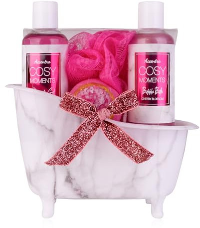 Accentra - COSY MOMENTS Bade- & Duschset in pink - Geschenk Set zur Entspannung für Frauen zum Geburtstag oder Weihnachten - 4-Teiliges Wellness Geschenk- & Pflegeset mit Mini Deko-Badewanne