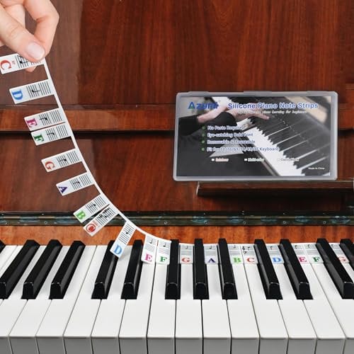 Piano Notes Guides for Beginners, Azymi Removable Keyboard Note Labels for 88/76/ 61/54/ 49/37 Keys Reusable Silicone Strips Black Larger Bold Letter for Kids