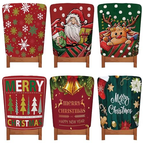 Treer Stuhlhussen Weihnachten 6er Set, Stretch Stuhlüberzug Weihnachten Abnehmbar, Weihnachtliche Stuhlbezüge für Küchenstühle Deko (6 Stück, Weihnachtsmann)
