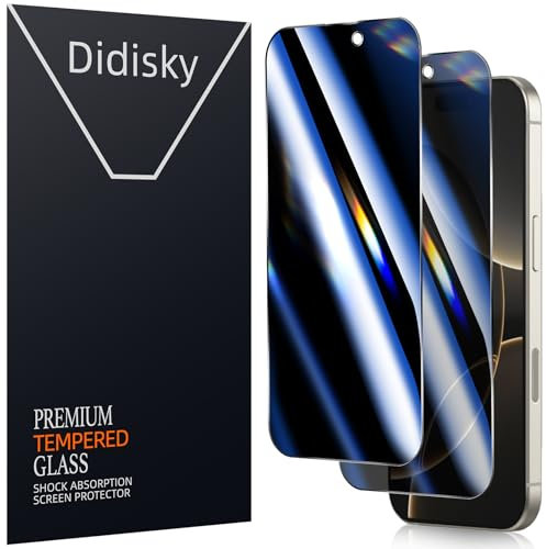 Didisky (2 Piezas Protector Pantalla Privacidad para iPhone 16 Pro Max 6.9, Cristal Templado 9H, Anti-espía, Antihuellas, Sin Burbujas, Instalación Fácil, Resistente a Arañazos