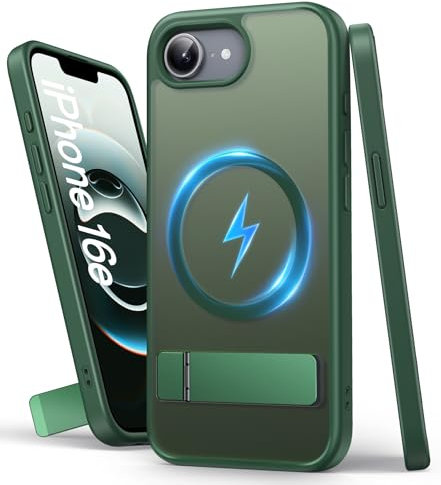 SIXBOX Magnetic for iPhone 16e Case Slim, Built-in Kickstand & Compatible with MagSafe, Military-Grade Protective Durable Sturdy Translucent Protective Phone Case for iPhone 16e 6.1 5G, Green