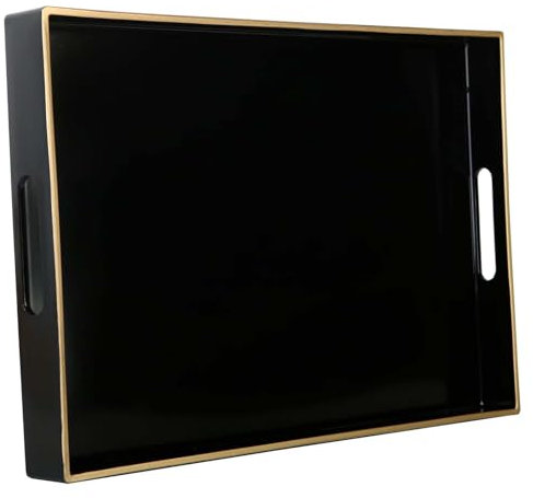 Simmer Stone Decorative Tray, Rectangle Plastic with Handles, Modern Vanity and Serving for Ottoman, Coffee table, Kitchen and Bathroom, 15.6 x 10.2 x 1.5 (black)