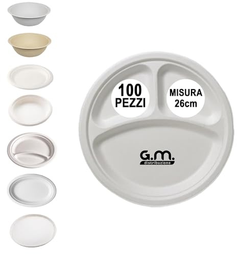 G.M. DISTRIBUZIONE 100 Piatto Tondo Triscomparto in Polpa di Cellulosa 26cm, Ideale per Cibi Caldi e Freddi, Piatti Impermeanbilie Adatti al Microonde, Biodegradabili e Compostabili