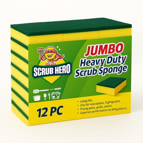12 Pack Jumbo Heavy Duty Washing Up Sponge | Built Tough for Commercial & Home Kitchen | Scrub Hero® | 15 cm x 10 cm | 4 cm Thickness