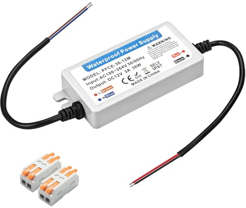 Muzveik Trasformatore LED 220V a 12V DC 36W 3A, IP67 Alimentatore Ultra Sottile con 2 Connettori per LED Esterno e Interno
