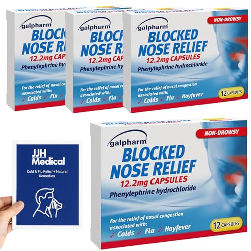 Blocked Nose & Sinus Relief – 48 Capsules (4 Pack) | JJH Medical Cold & Flu Remedy Bundle + Relief Guide