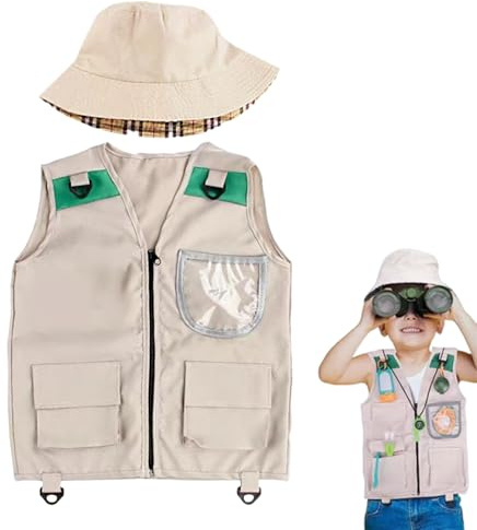Gilet da pesca per bambini | Gilet esploratore con cappello | Vestire i bambini per escursioni esplorazione caccia ranch all'aperto natura selvaggia campeggio giungla, Piccolo, Refer to description