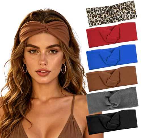 ALIIP Haarband Damen, 6er Sommer Breites Kopfband Mehrfarbig Weiches Headband mit Leo, Breite Elastische Haarbänder Rutschfest Stirnband für Workout, Yoga, Laufen, Set C
