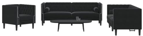 Teenpull 3-TLG. Chesterfield-Sofa-Set, Schwarz Samt, mit Nackenrollen, Wohnzimmer Möbel, Bequeme Couch Garnitur für Zuhause, 1 Sessel, 2-Sitzer, 3-Sitzer