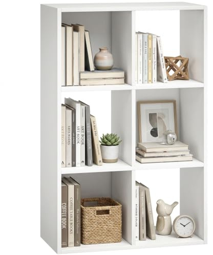 HOMCOM Industrial Style Storage Shelf with 6 Compartments White Wood Effect | Bookcase, Bookshelf, Freestanding Shelving Unit, Living Room, Home Study