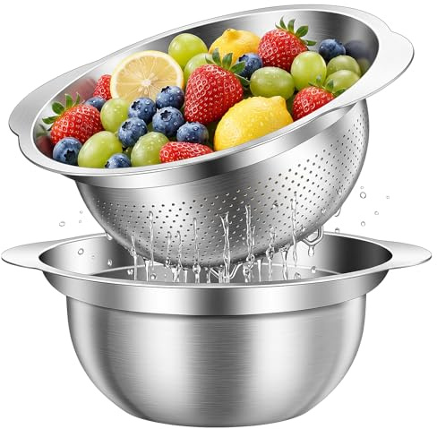 Stainless Steel Colander Set 2-Piece, 5QT Mixing Bowl and Strainer for Washing Fruits Vegetables Pasta Rice, 304 Steel Sieve Colander with Handle Dishwasher Safe for Salad Cooking Baking