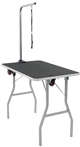 Teenpull Tragbarer Trimmtisch für Haustiere mit Rollen, Verstellbarer Edelstahl Trimmgalgen, rutschfeste MDF Tischplatte, faltbar 91,5x61,5x156 cm, 50 kg Tragkraft