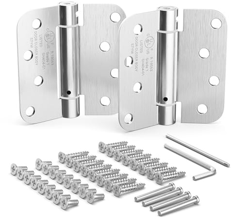 Houseables Self Closing Door Hinges, Mortise Spring Hinge, 5/8 Radius Corner, Satin Nickel Finish, 4” x 4”, 2 Pack, 2.7 MM, Automatic Closer, Adjustable, Tension Loaded, Auto Close Pin, Heavy Duty