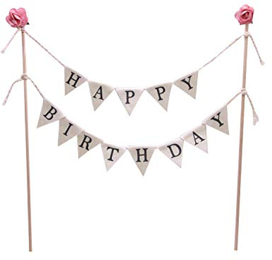 1 Stück Happy Birthday Cake Wimpelkette Topper Girlande Handarbeit Wimpel Flaggen mit Holzstange elfenbeinfarben Rosa Rosen