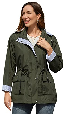 YFFUSHI Femme Veste de Pluie Mi-Longue Manteau Imperméable Coupe-Vent Slim Fit à Capuche Amovible Veste d'Extérieur