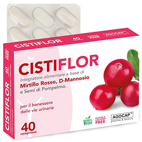 Cistiflor, D-Mannosio, Mirtillo Rosso e Semi di Pompelmo | per Cistite, Candida e Infezioni delle Vie Urinarie | 40 compresse, integratore d mannosio, cranberry, Agocap