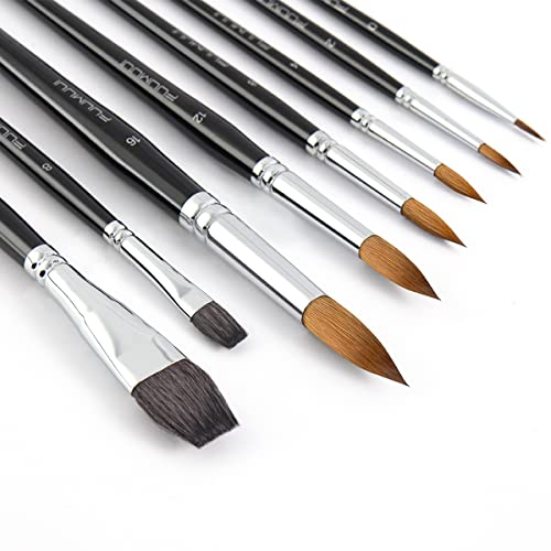 Kolinsky Lot de 8 pinceaux Aquarelle en martre et Poils véritables d'écureuil Plats, capacité de Maintien améliorée de la Couleur pour Aquarelle, Gouache, Peinture à l'encre