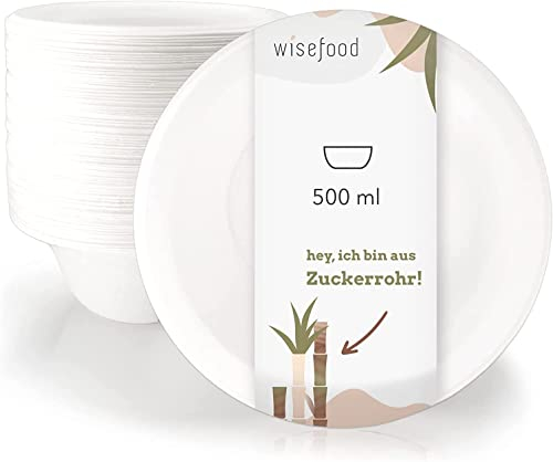 wisefood Lot de 50 bols à soupe jetables en bagasse - Ronds - Blanc - 500 ml - En carton jetables - Idéal pour les frites ou la salade - Vaisselle en canne à sucre bio sans PLA/PE
