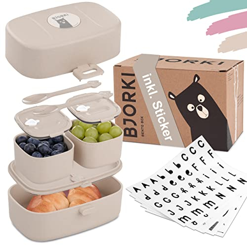 BJORKI® Bento Box für Kinder inkl. BONUS Namensticker - Auslaufsichere Lunchbox mit Fächern - Nachhaltige Brotdose Kinder für Kindergarten & Schule - Die Jausenbox für unterwegs. (Pastell Beige)