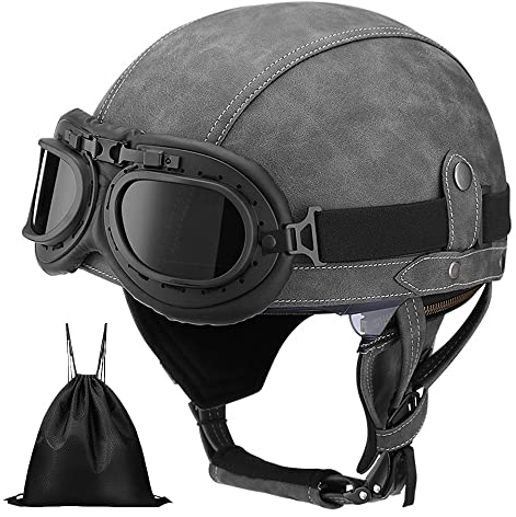 German Retro Motorcycle Leather Half Helmets Vintage Car Jet Helmet, Scooter Motocross Helmet, ECE Approval Adult with Protective Goggles for Men and Women mit Aufbewahrungstasche