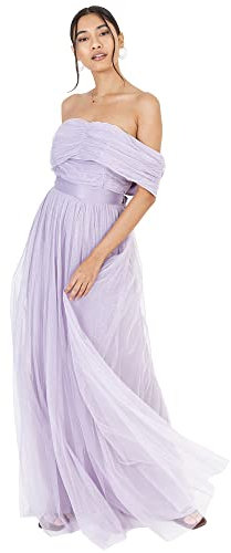 Womens Ladies Maxi Dress Bardot Off Shoulder with Belt Long Empire Waist for Wedding Guest Prom Evening Gown Bridesmaid Dusty Lilac Size 24