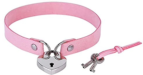 Dishowme Collana con colletto girocollo con lucchetto Collana con cuore in pelle con chiave di blocco Punk Cat Kitty Lolita Catena di gioielli per donne Ragazze (Rosa)