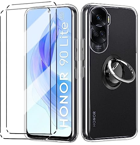 HuiYouMY [3+1] para Honor 90 Lite Funda + 2Pcs Cristal Templado - Transparente Carcasa y Cristales Protector de Pantalla TPU Silicona Suave Caja Cover Tapa Caso Carcasa+ Finger Ring Phone Holder