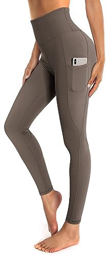 OUGES Damen Sport Leggings High Waist Leggins Yogahose Blickdichte Sporthose mit Taschen (Grau-01,L)