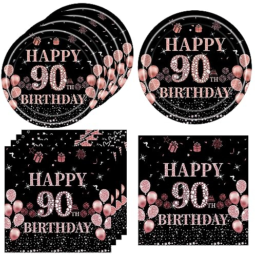 40PCS 90th birthday decorations for women happy 90th birthday decorations Tableware Set Disposable Birthday Plates Napkins 90 Years Old Birthday Party for women