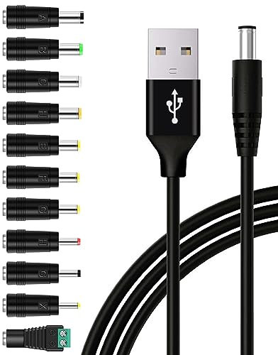 USB to DC 5V Power Cable, DC 5.5x2.1mm Plugs Charging Cord with 11 Interchangeable Jack Connectors Charger Adapters for Lightsaber, USB-HUB, Speaker, Router, Mini fan and More 5Volt 3Amp Electronics